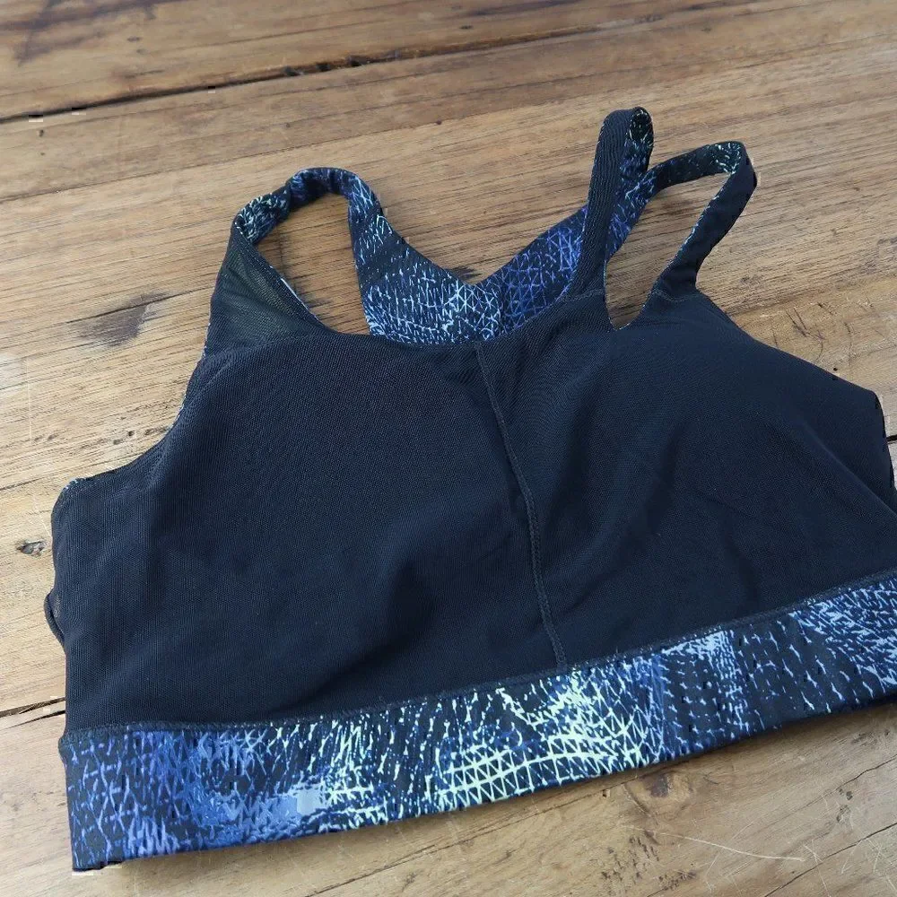 JOYLAB BLACK BLUE & YELLOW SPACE DESIGN SPORTS BRA WITH DOUBLE STRAPS SIZE XS